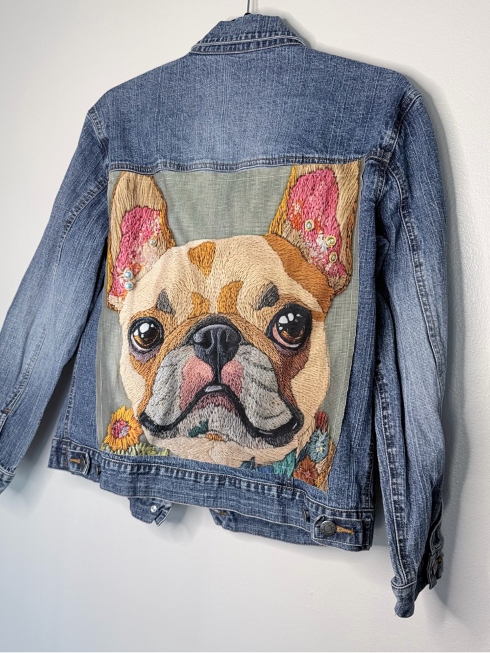 French Bulldog Upcycled Denim Jacket - Multicolor
